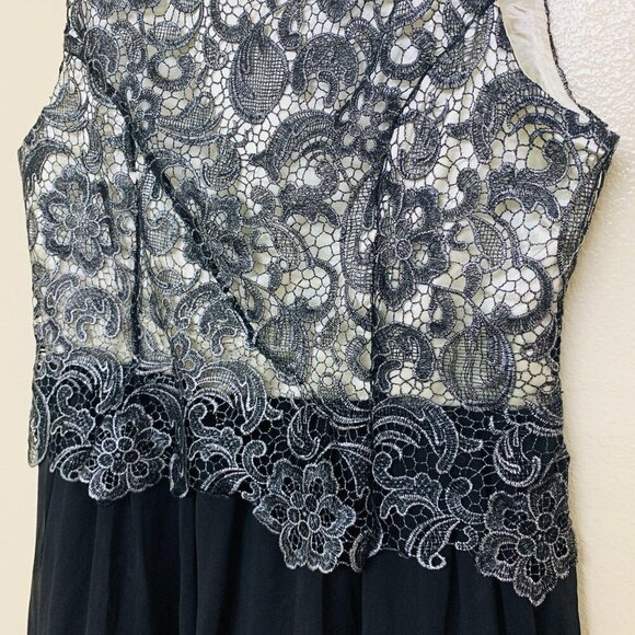 London Times Lace Open Back Tulle Mesh Cocktail Dress Size 14 Black Silver - Picture 7 of 11